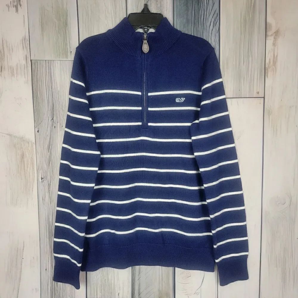 Vineyard Vines Blue White Striped 1/4 Zip Pullover Sweater Size Small